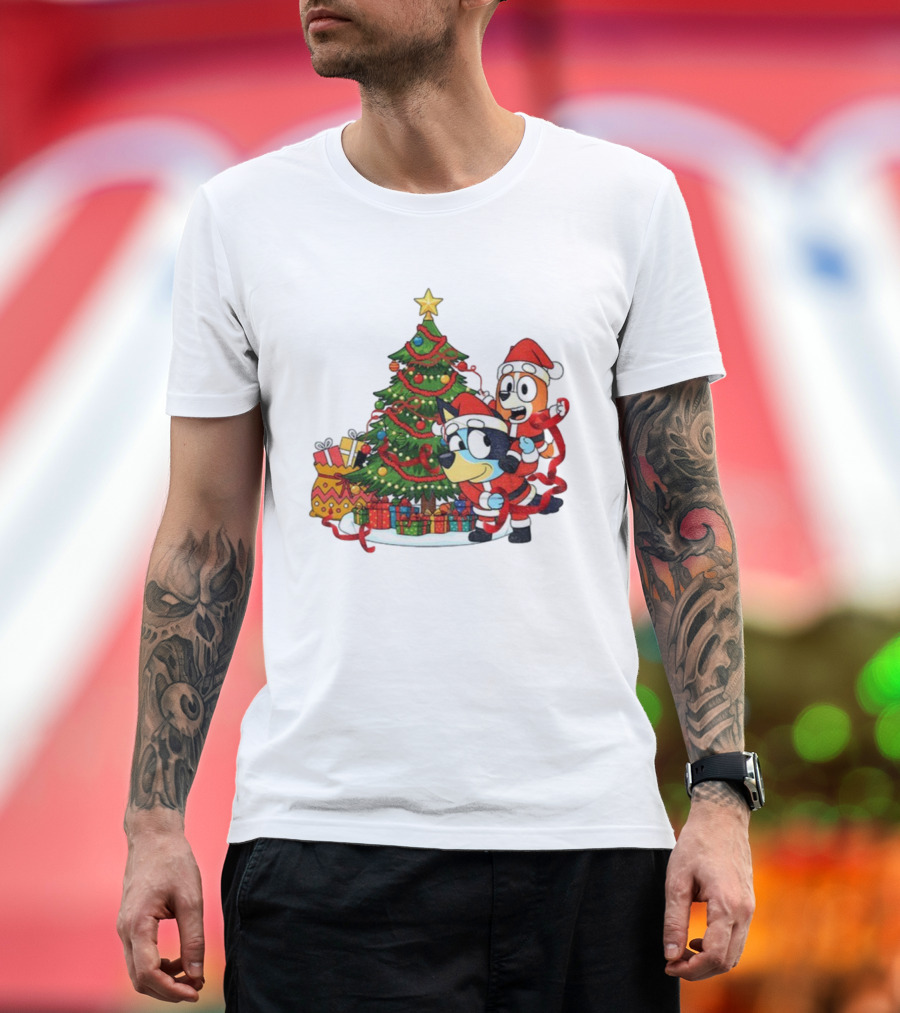 Bluey Bingo Christmas Tree Santa Hat Merry Christmas T-Shirt