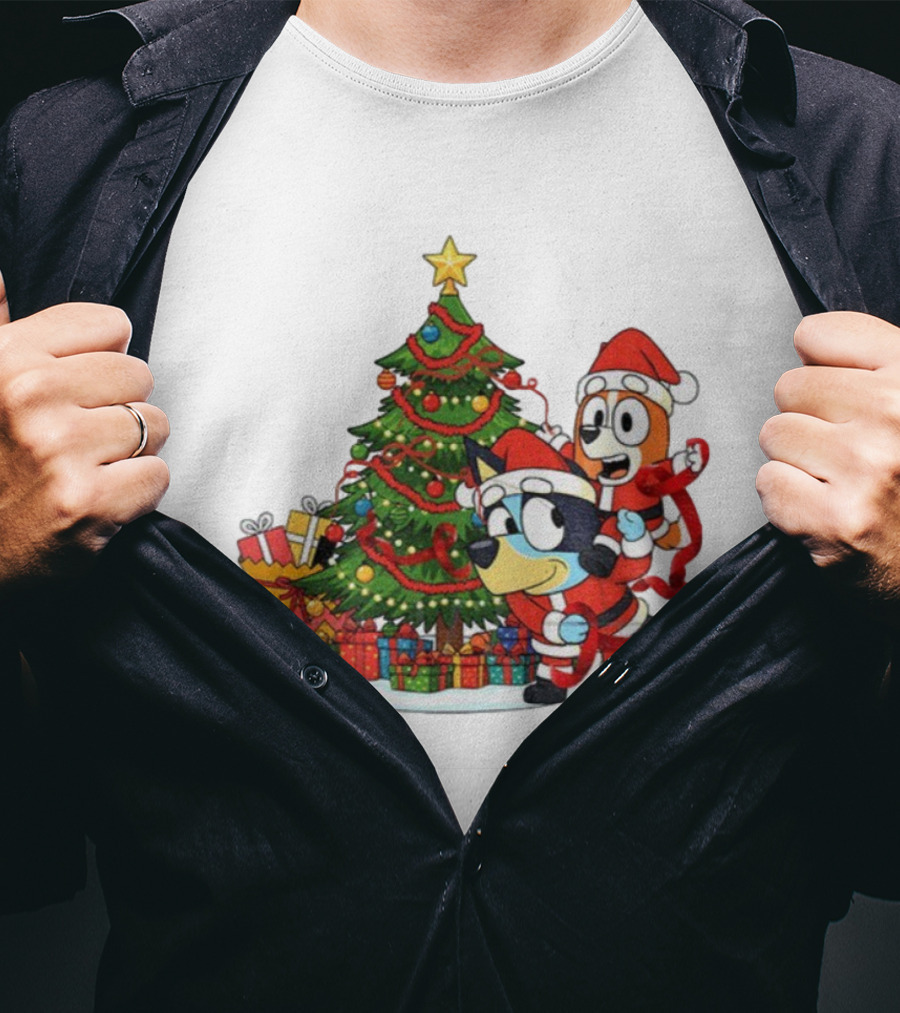 Bluey Bingo Christmas Tree Santa Hat Merry Christmas T-Shirt
