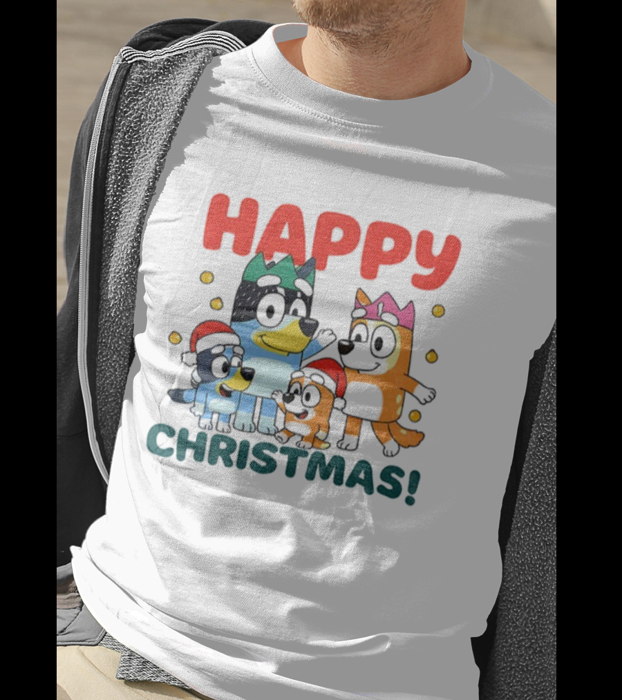 Bluey Family Happy Christmas Santa Hat Celebration T-Shirt