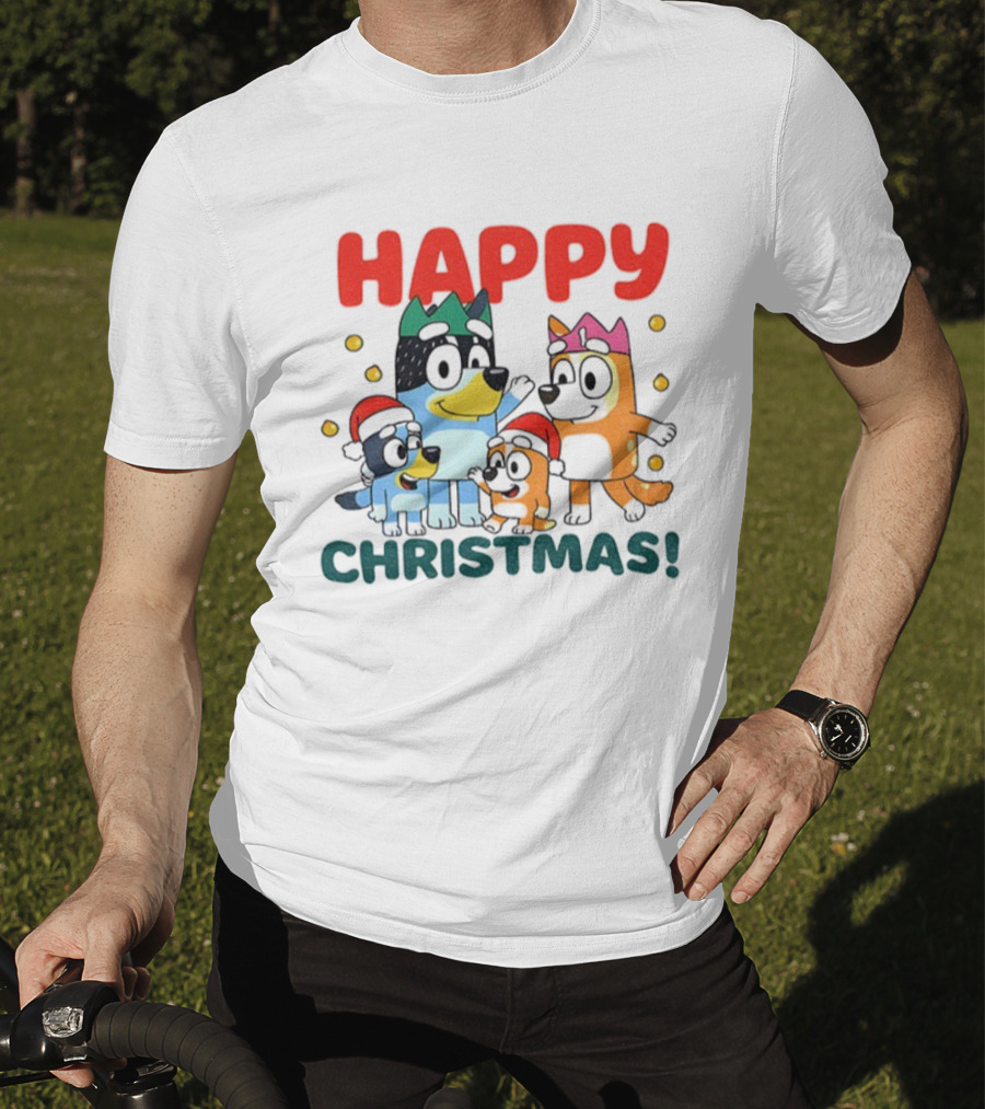 Bluey Family Happy Christmas Santa Hat Celebration T-Shirt