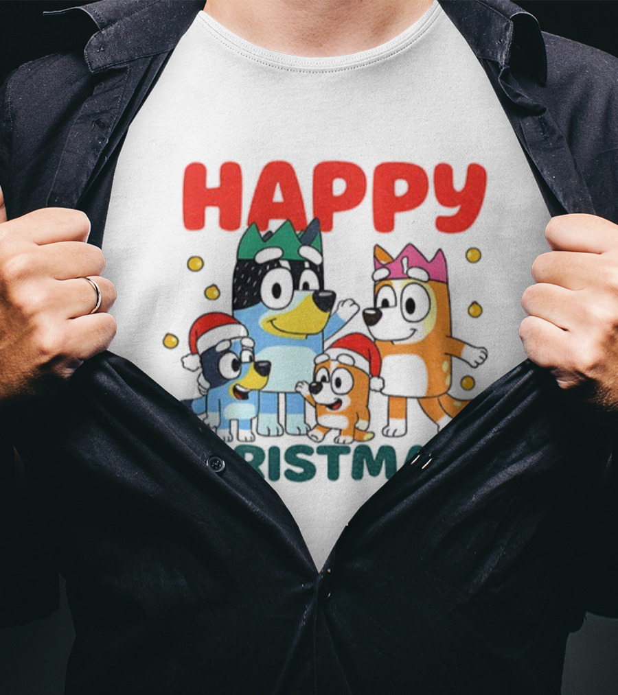 Bluey Family Happy Christmas Santa Hat Celebration T-Shirt