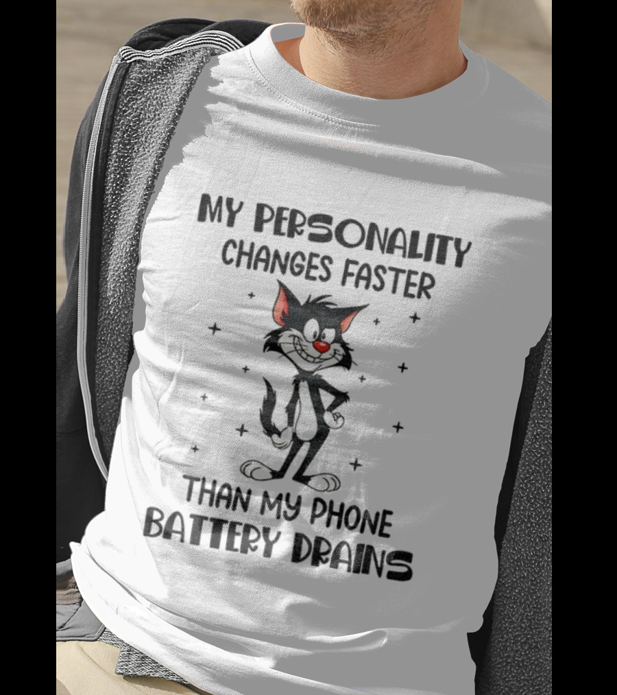Funny Cat My Personality Changes Faster Than My Phone Battery Drains T-Shirt