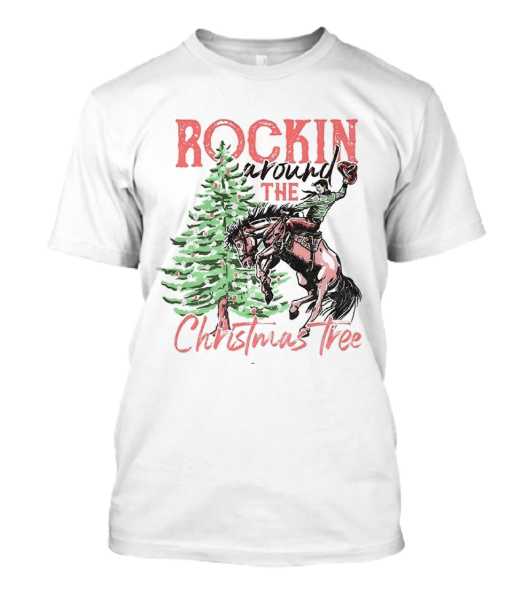 Rockin Around The Christmas Tree Cowboy Country Retro Christmas Cowboy And Tree T-Shirt