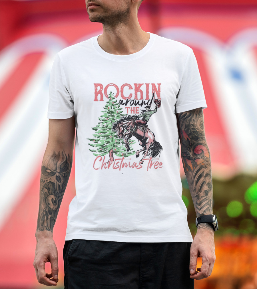 Rockin Around The Christmas Tree Cowboy Country Retro Christmas Cowboy And Tree T-Shirt