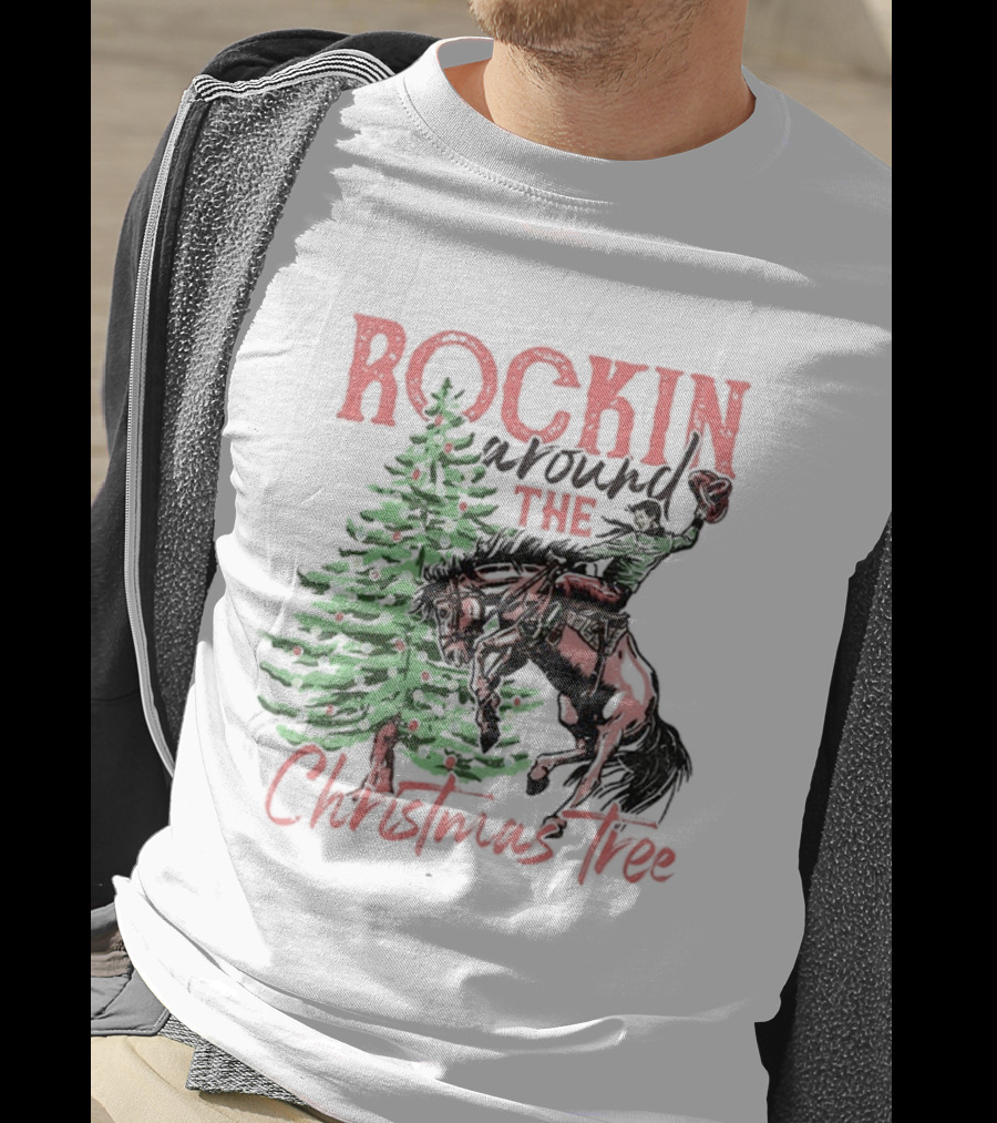 Rockin Around The Christmas Tree Cowboy Country Retro Christmas Cowboy And Tree T-Shirt