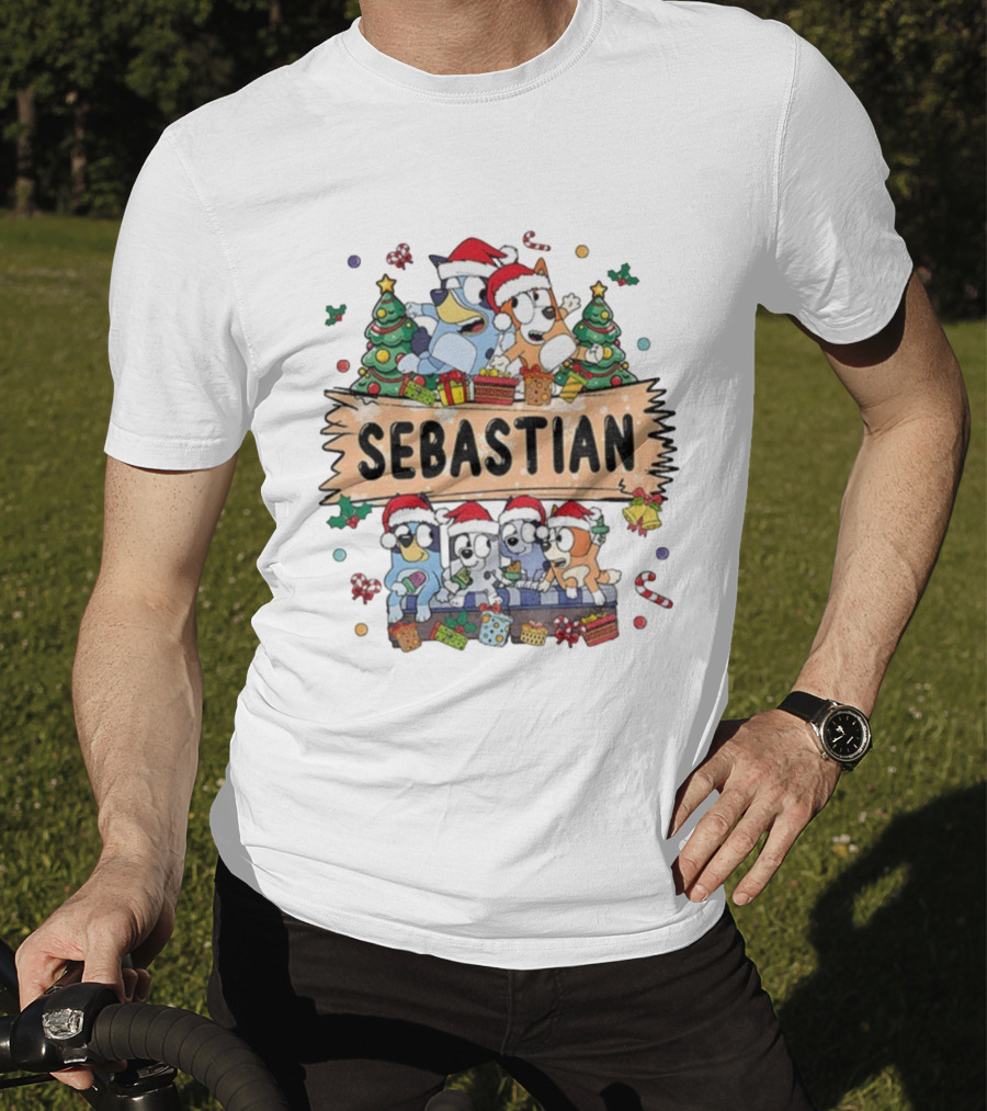Sebastian Bluey Family Christmas Santa Hats Holiday Celebration T-Shirt