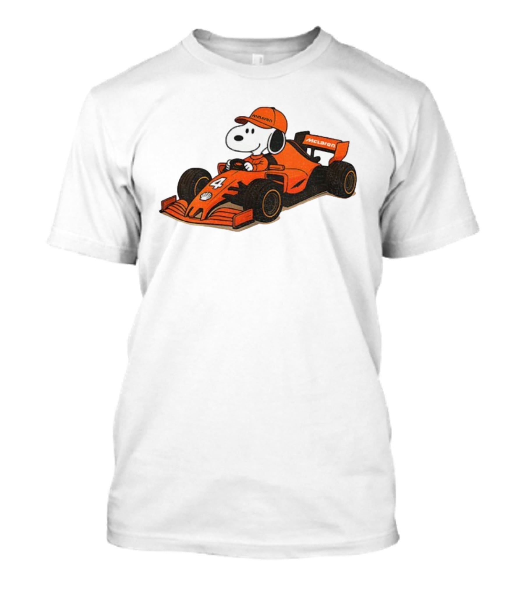Snoopy Driving McLaren Formula One Car With Number 4 Racing Cap T-Shirt