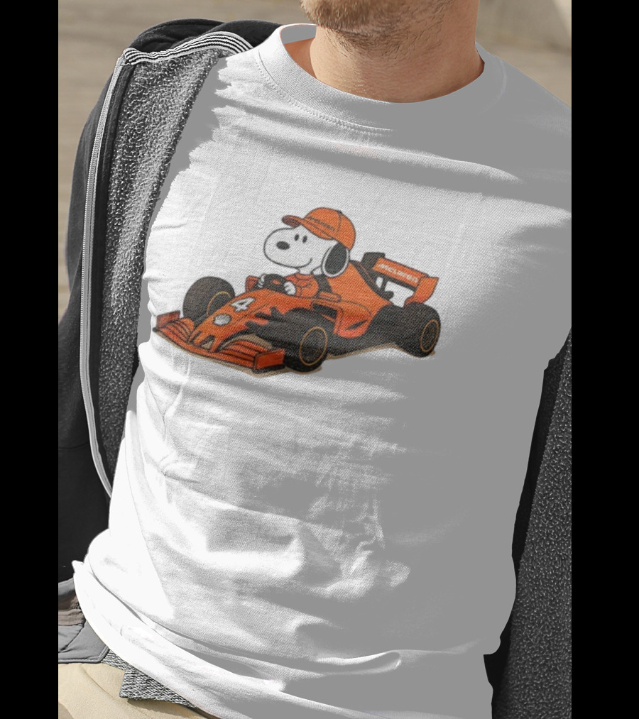 Snoopy Driving McLaren Formula One Car With Number 4 Racing Cap T-Shirt