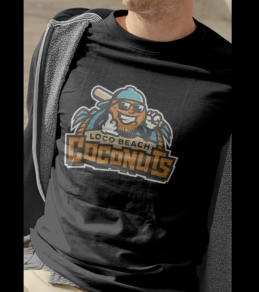 Loco Beach Coconuts Baseball Cartoon Character With Sunglasses And Bat T-Shirt