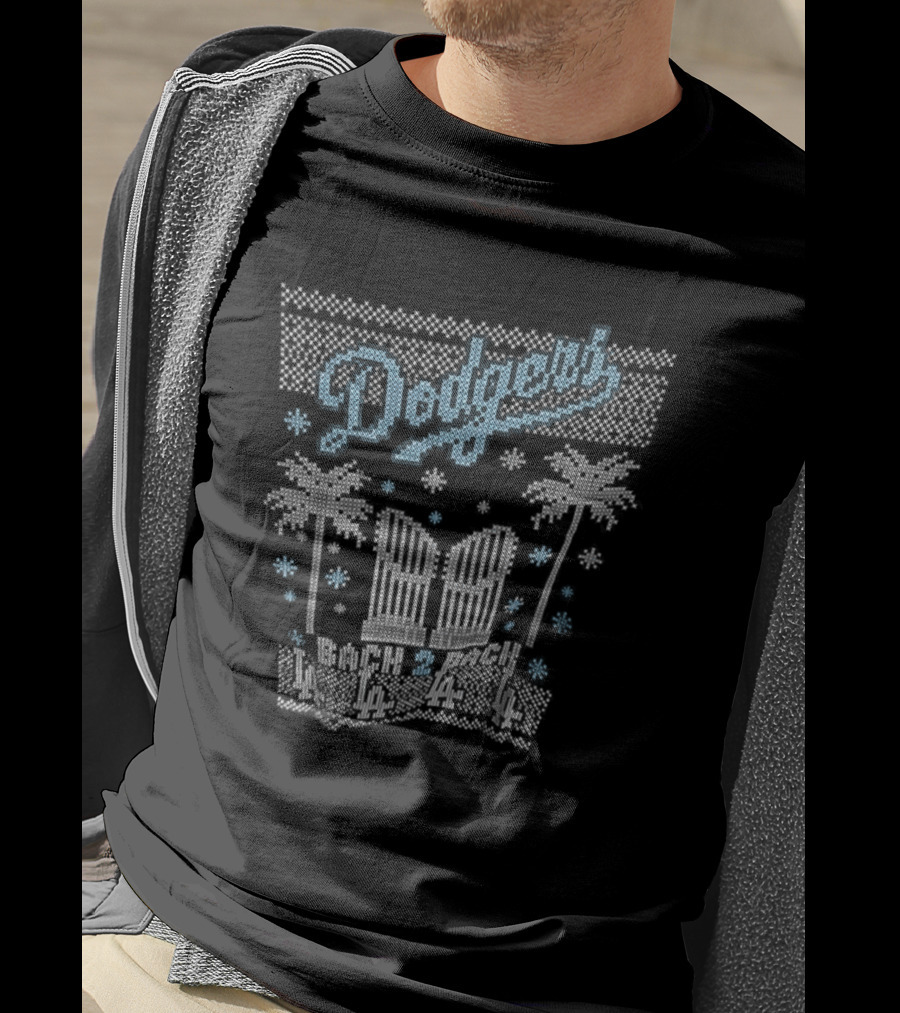Los Angeles Dodgers Back 2 Back Ugly Christmas Dodger Stadium Palms Snowflakes T-Shirt