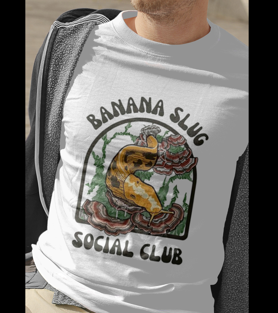 Banana Slug Social Club Nature-Inspired Design With Forest And Mushrooms T-Shirt