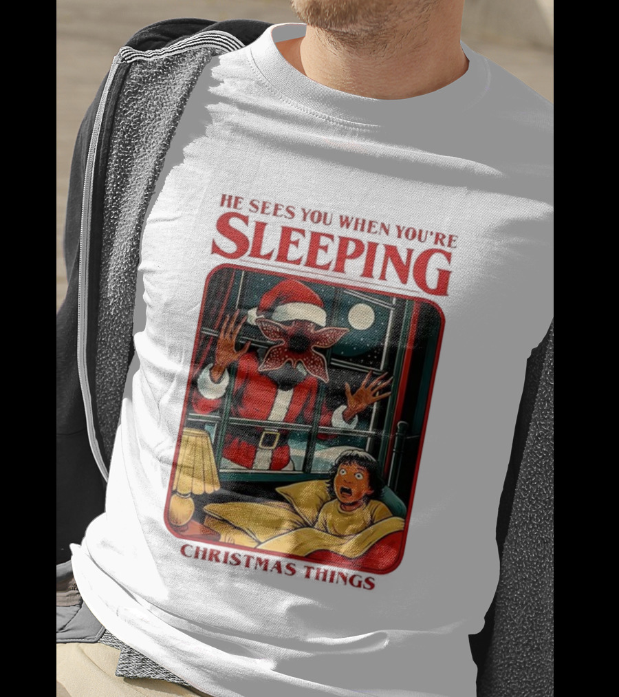 Demogorgon Stranger Things He Sees You When You’re Sleeping Christmas Things Santa T-Shirt