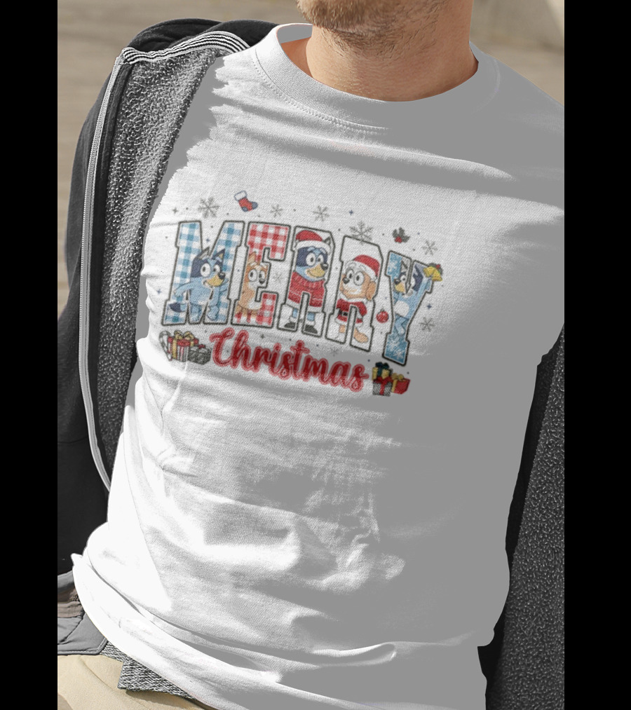 Merry Christmas Bluey Dog Friends In Santa Hats 2025 T-Shirt