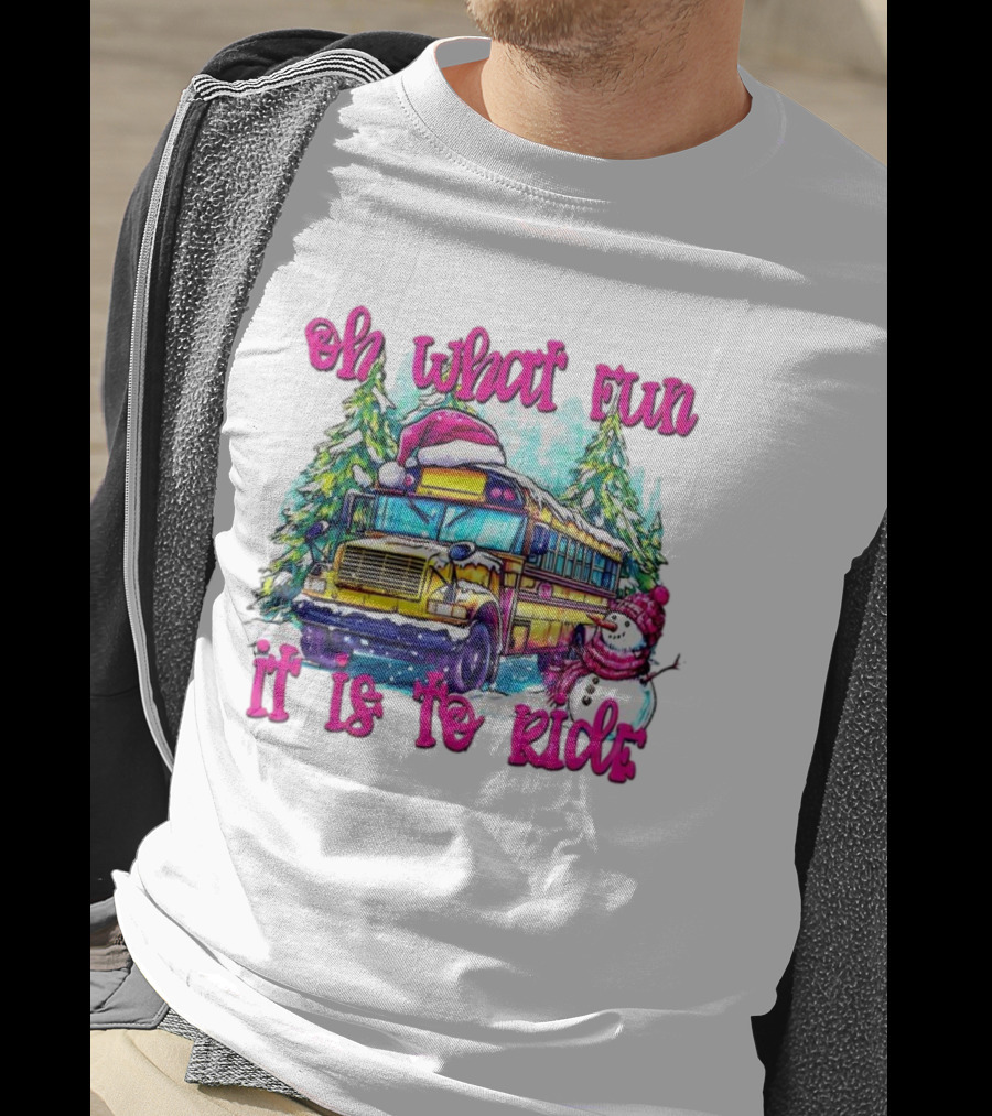 Oh What Fun It Is To Ride Christmas School Bus Snowman Scene T-Shirt
