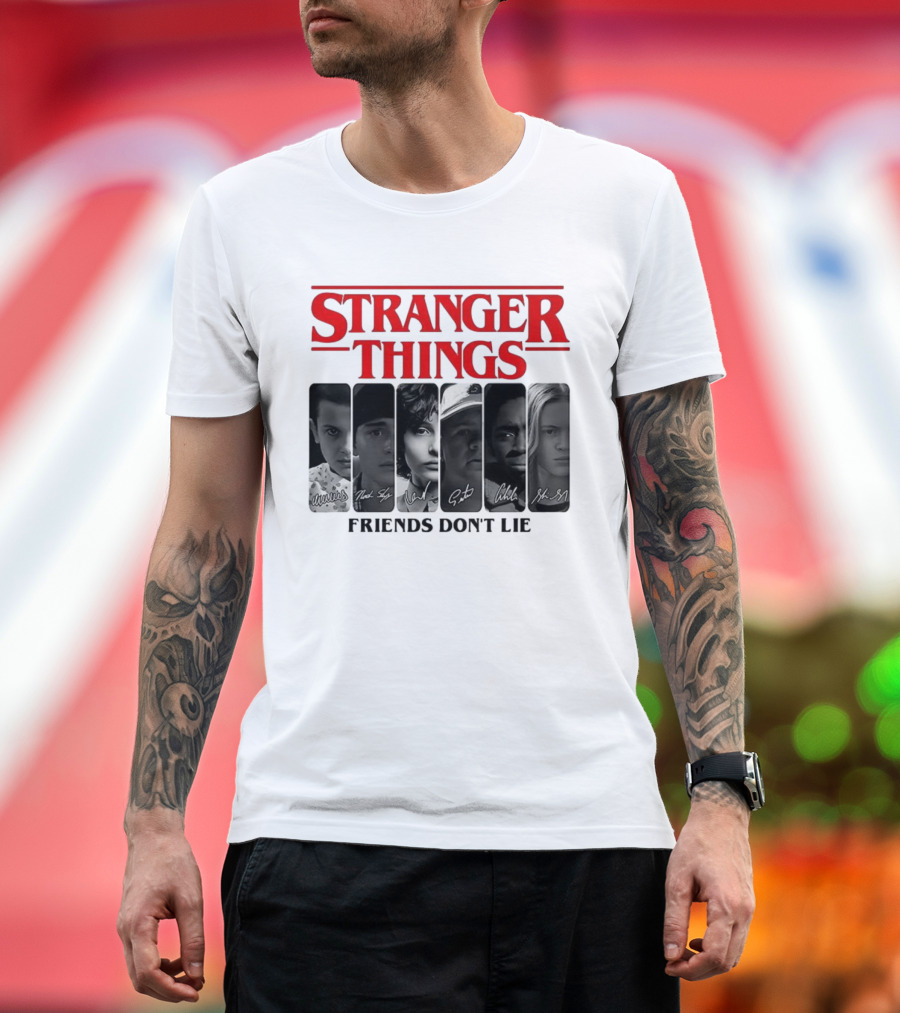 Stranger Things Friends Don’t Lie Signatures Eleven Mike Dustin Lucas Max T-Shirt
