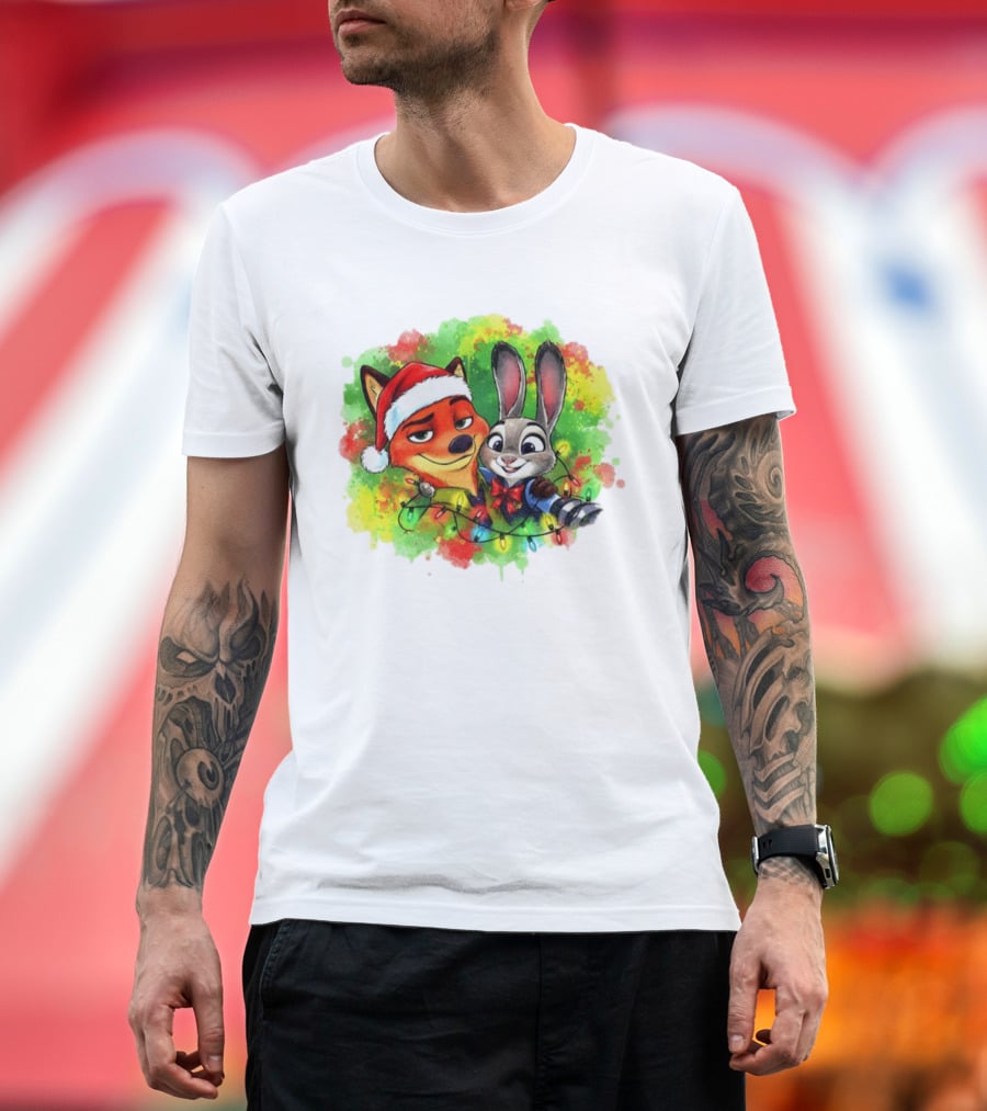 Couple Fox And Bunny Zootopia 2 Santa Hat Merry Christmas Holiday Lights T-Shirt
