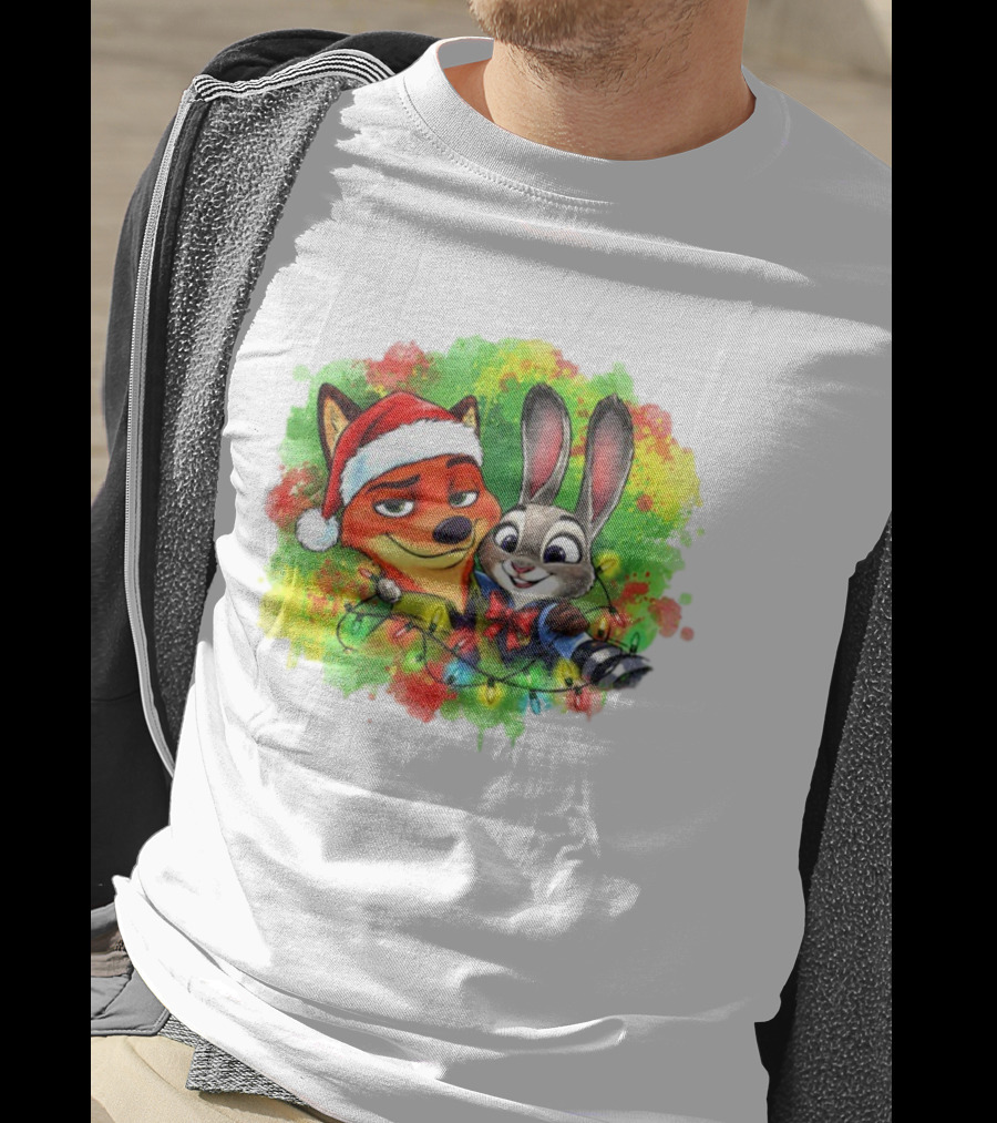 Couple Fox And Bunny Zootopia 2 Santa Hat Merry Christmas Holiday Lights T-Shirt