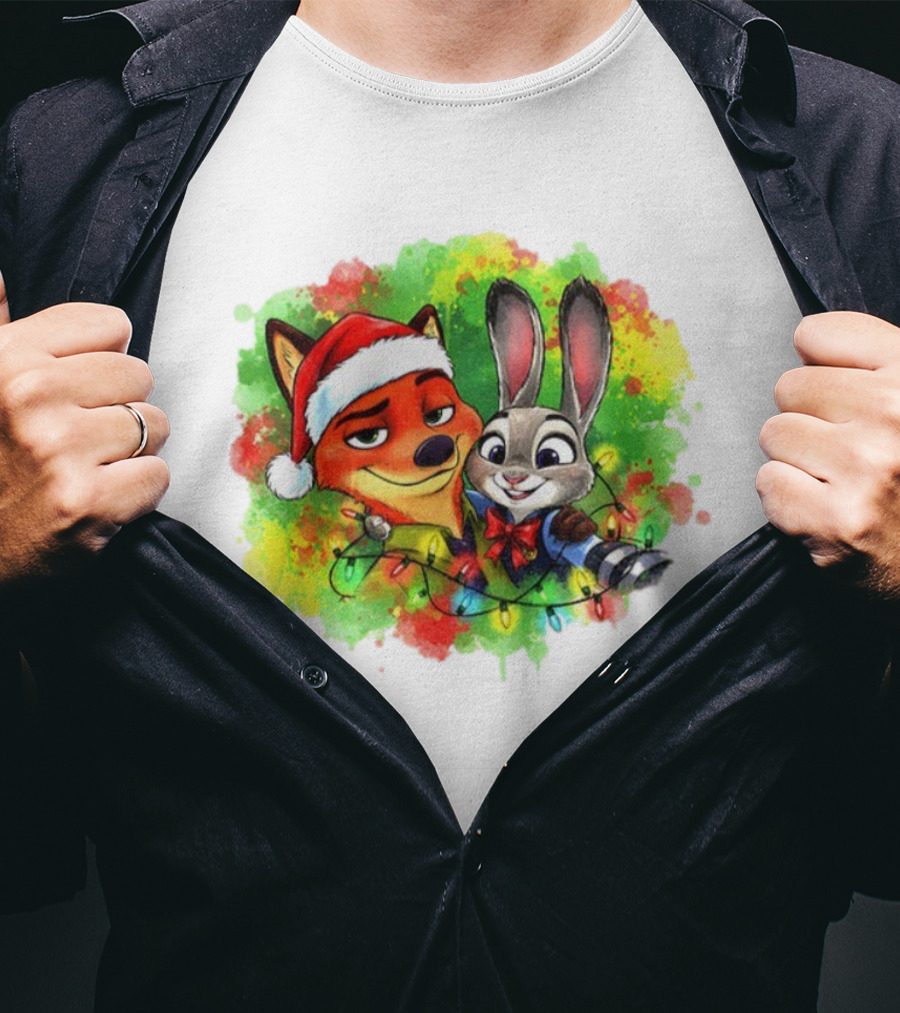 Couple Fox And Bunny Zootopia 2 Santa Hat Merry Christmas Holiday Lights T-Shirt