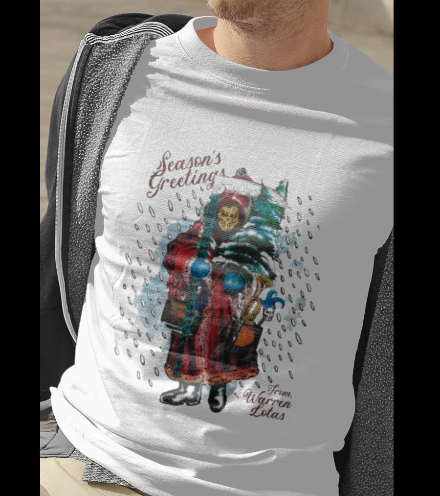 Season's Greetings From Warren Lotas Christmas Skeleton In Santa Robe T-Shirt
