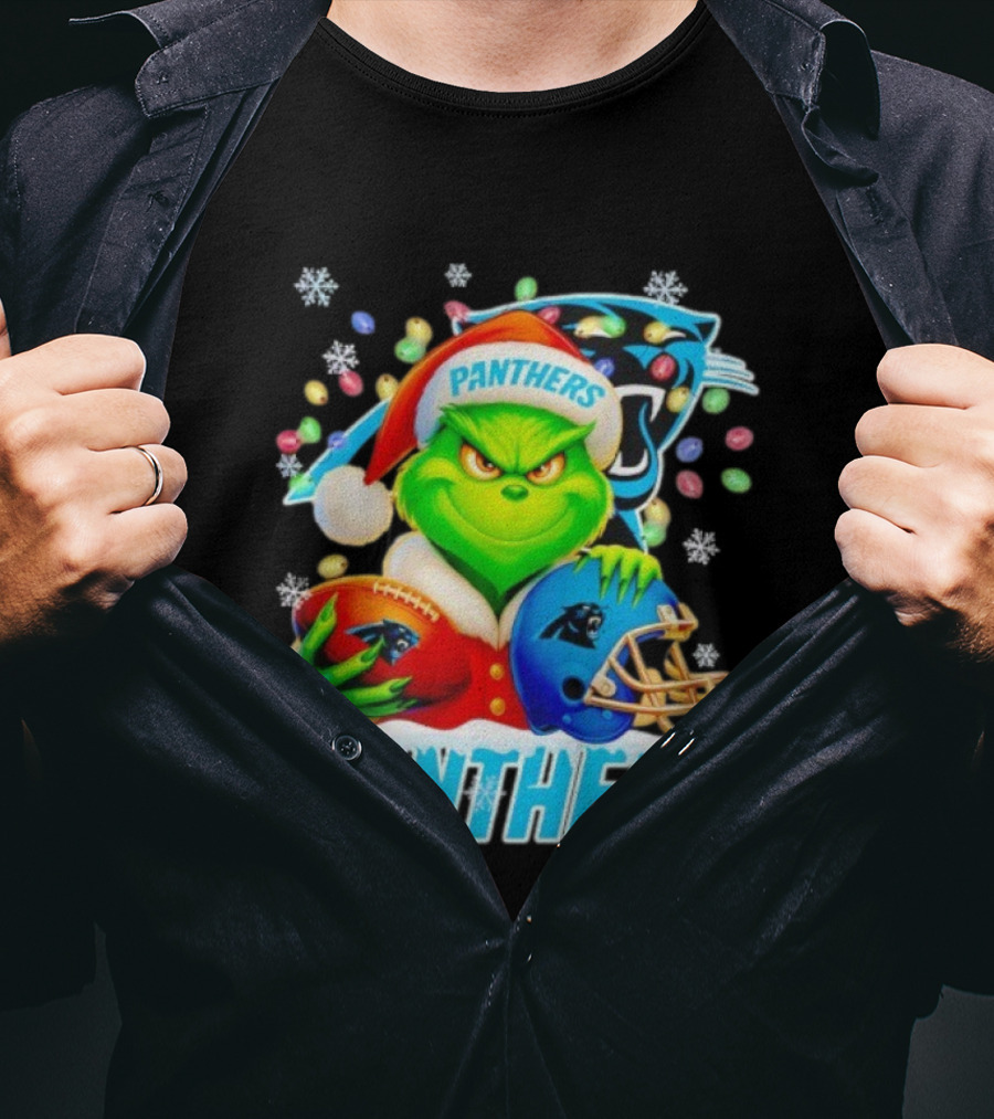 Grinch Santa Hat Holding Carolina Panthers Football And Helmet Merry Christmas T-Shirt