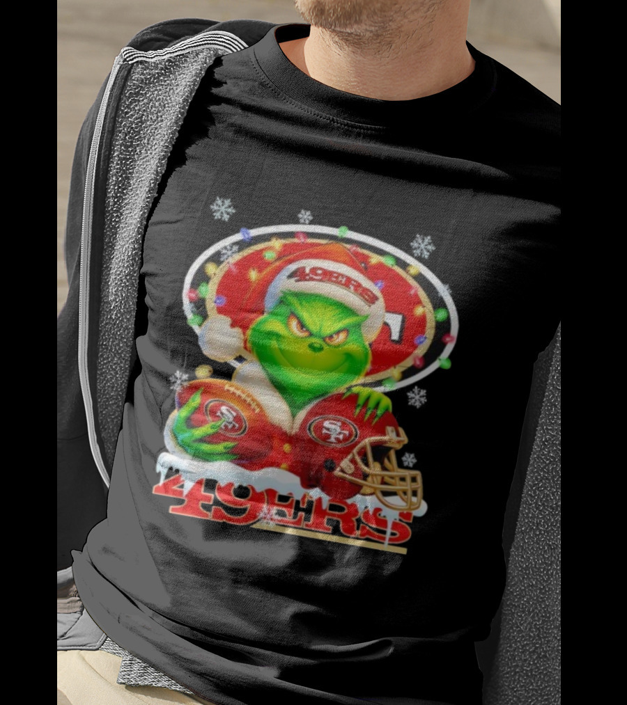 Grinch Holding Football And Helmet San Francisco 49ers Merry Christmas 49ers T-Shirt