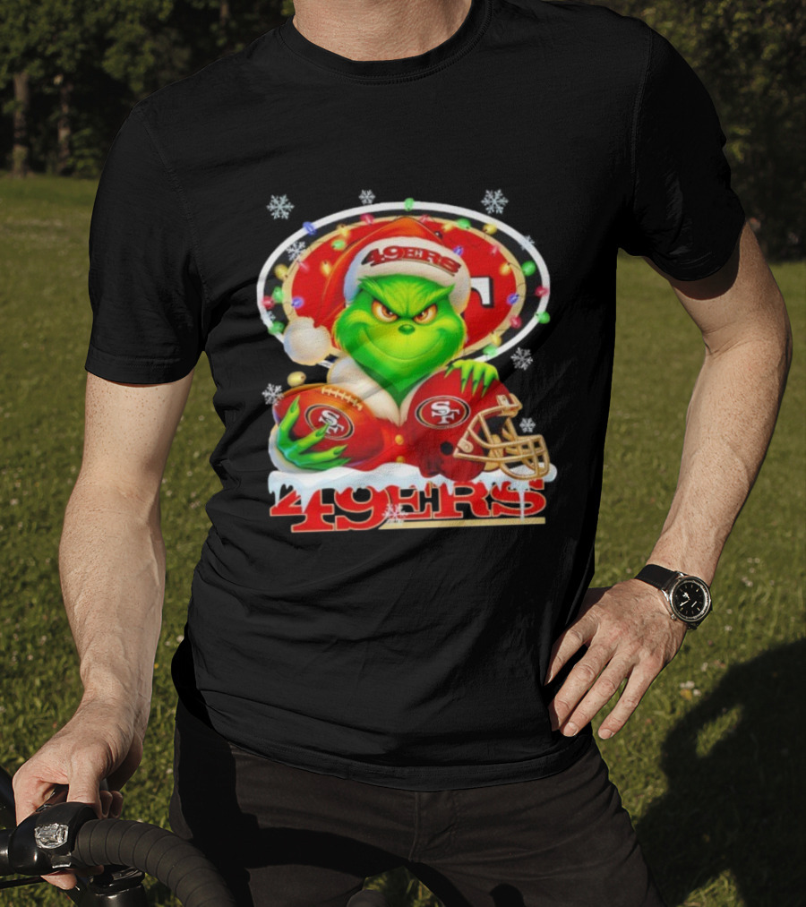 Grinch Holding Football And Helmet San Francisco 49ers Merry Christmas 49ers T-Shirt
