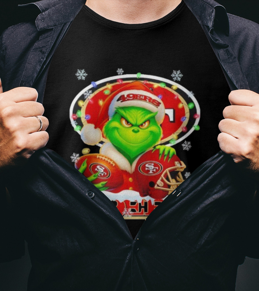 Grinch Holding Football And Helmet San Francisco 49ers Merry Christmas 49ers T-Shirt