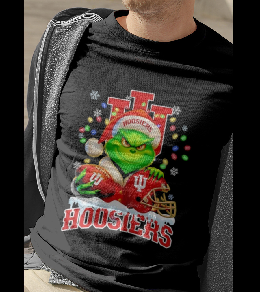 Grinch Santa With Indiana Hoosiers Football Helmet Christmas Theme T-Shirt