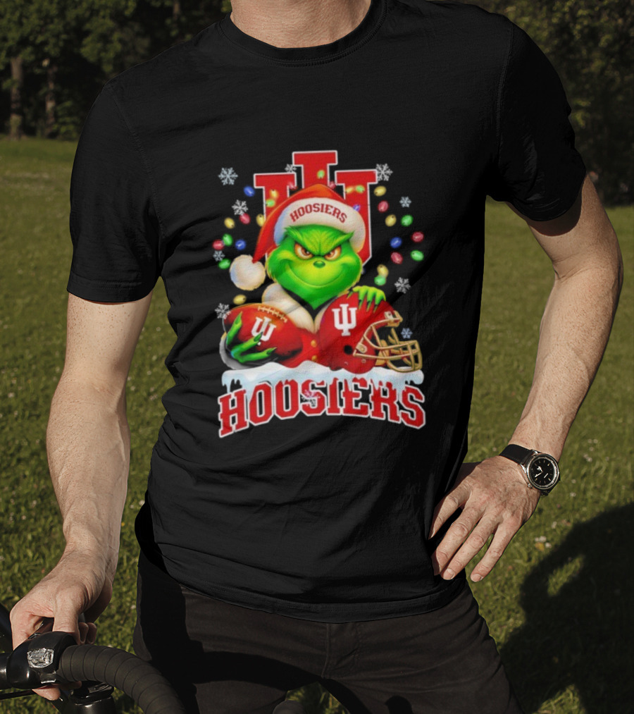 Grinch Santa With Indiana Hoosiers Football Helmet Christmas Theme T-Shirt