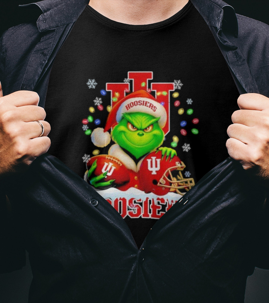 Grinch Santa With Indiana Hoosiers Football Helmet Christmas Theme T-Shirt