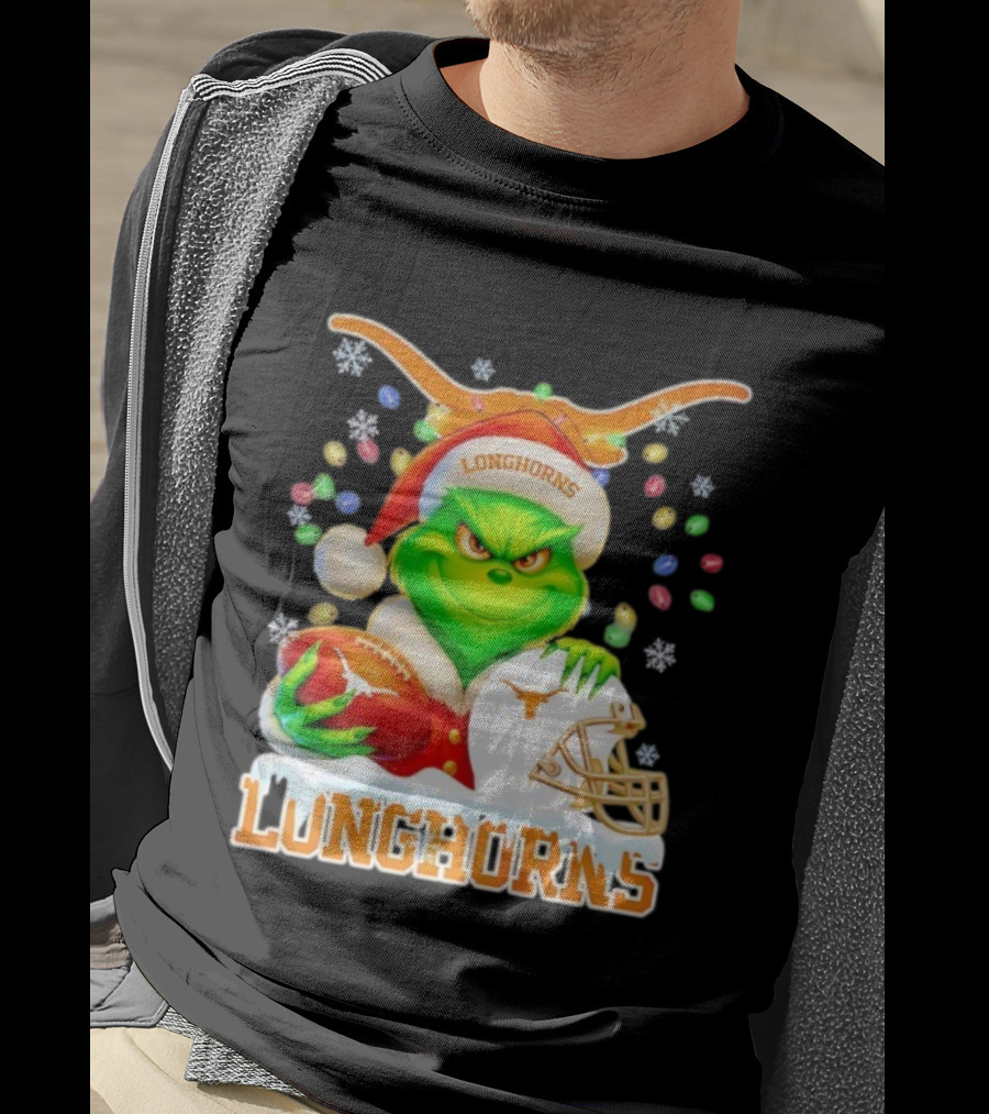 Grinch With Texas Longhorns Christmas Football Helmet And Santa Hat T-Shirt