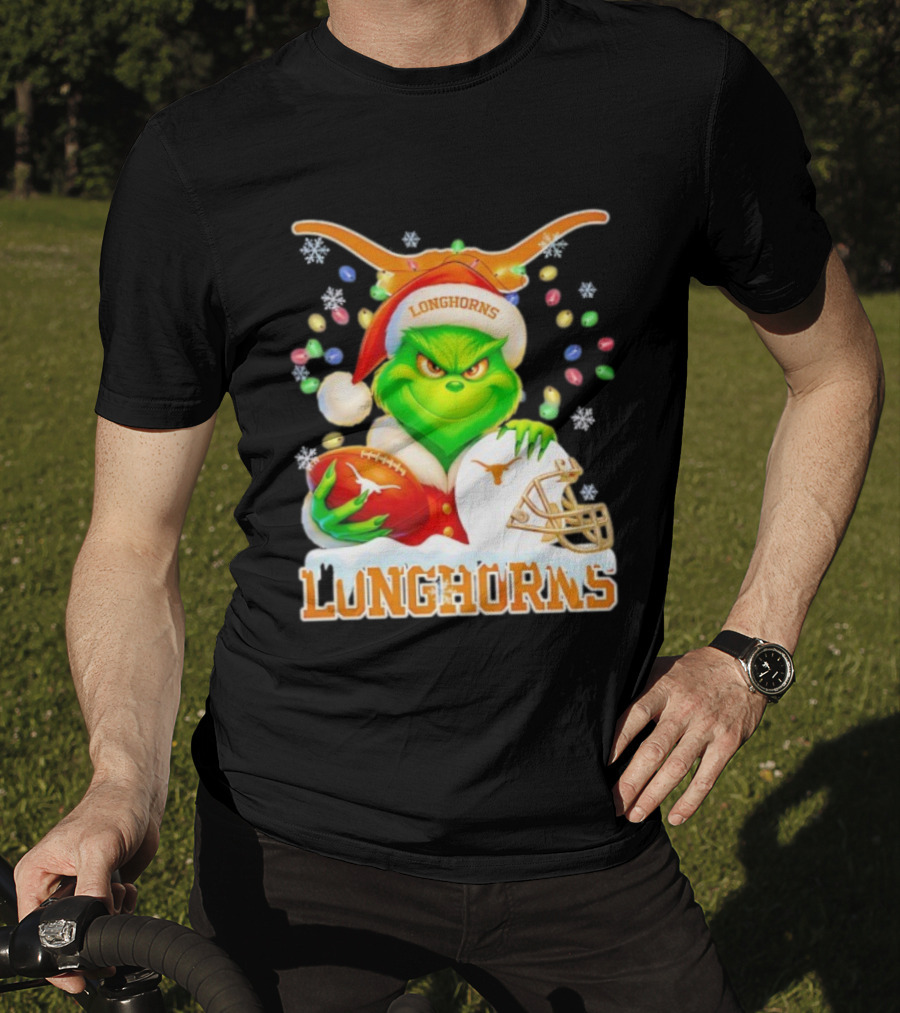 Grinch With Texas Longhorns Christmas Football Helmet And Santa Hat T-Shirt