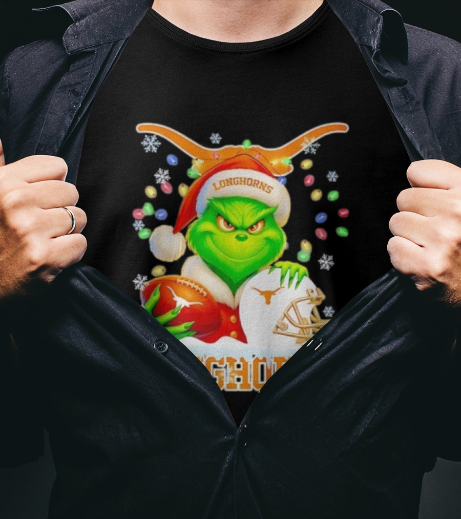 Grinch With Texas Longhorns Christmas Football Helmet And Santa Hat T-Shirt