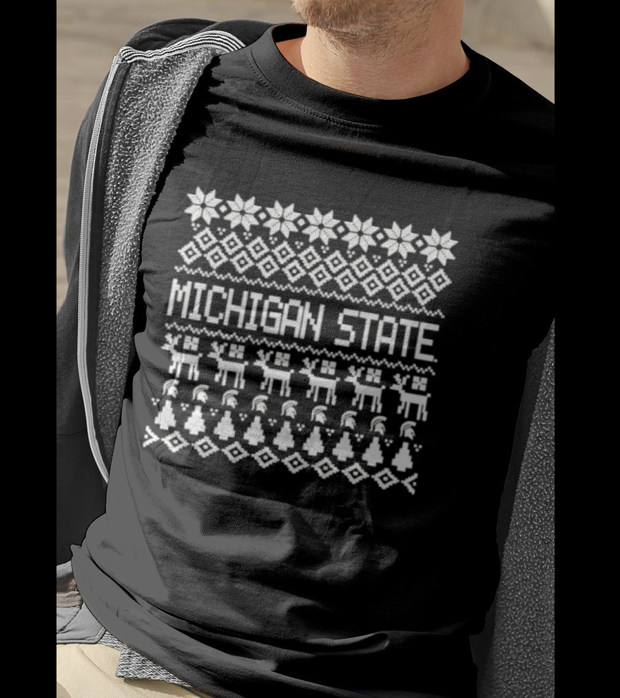 Michigan State Spartans Christmas Holiday Festive Patterns And Reindeer Motif T-Shirt