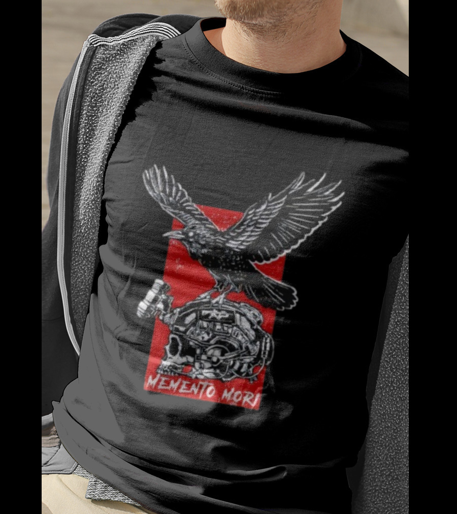 Raven Memento Mori Skull Helmet Red Background T-Shirt