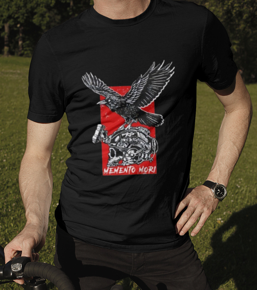 Raven Memento Mori Skull Helmet Red Background T-Shirt