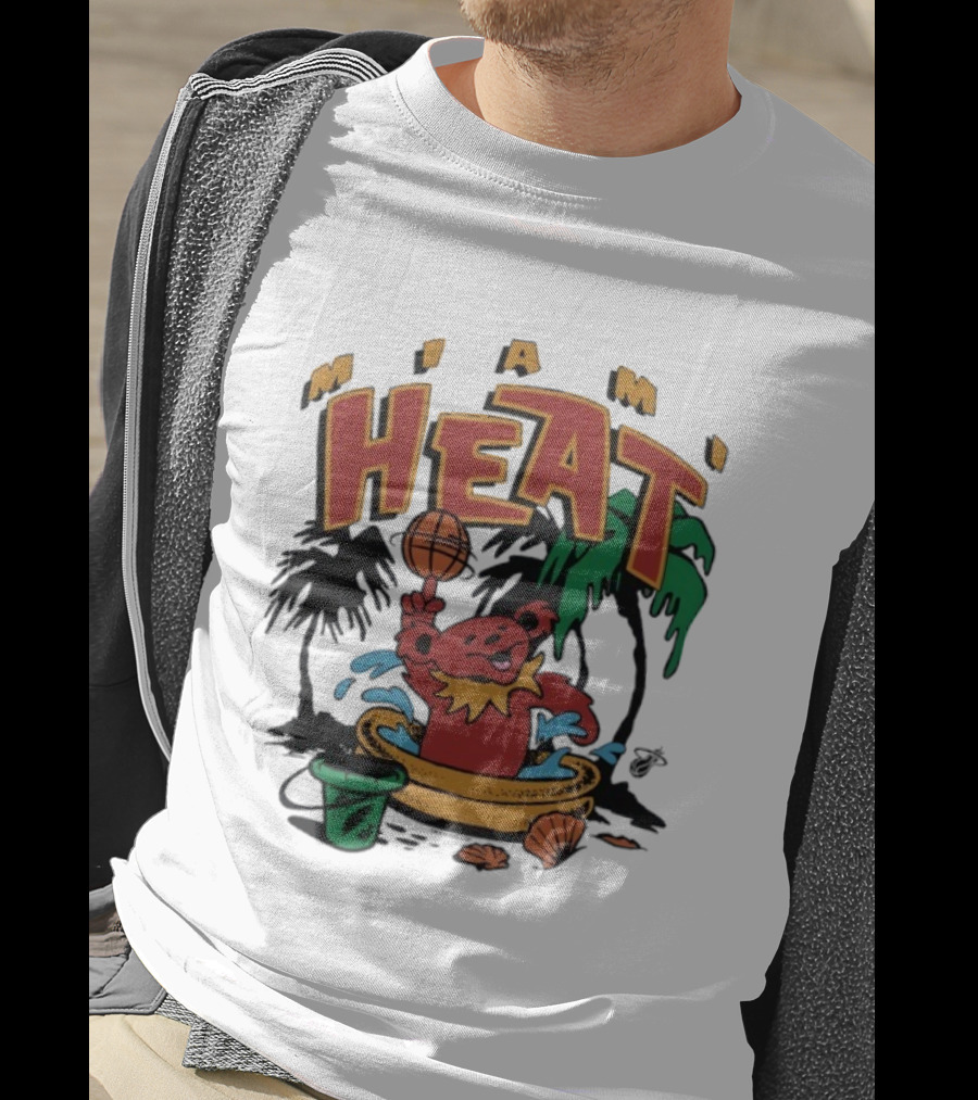 Grateful Dead Bear Miami Heat Basketball Palm Trees Beach Theme T-Shirt