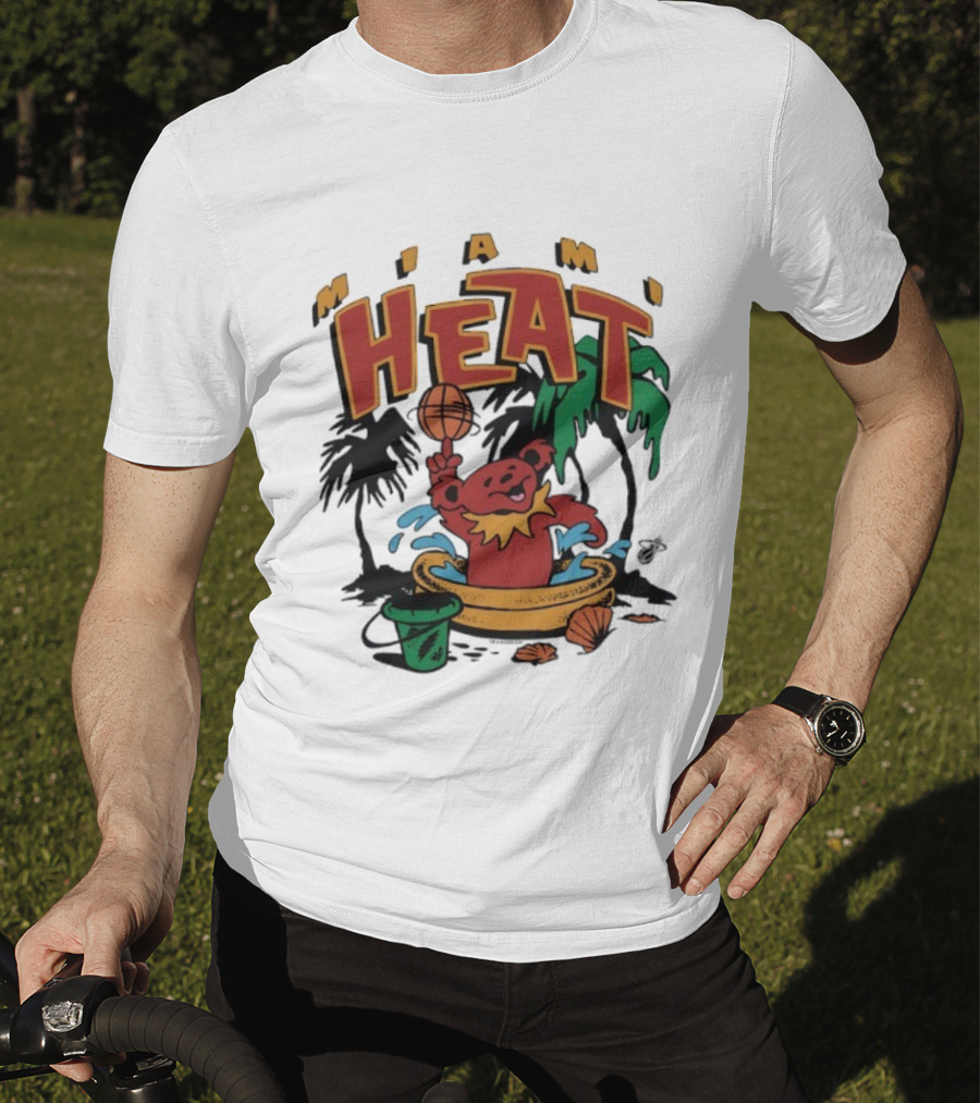 Grateful Dead Bear Miami Heat Basketball Palm Trees Beach Theme T-Shirt