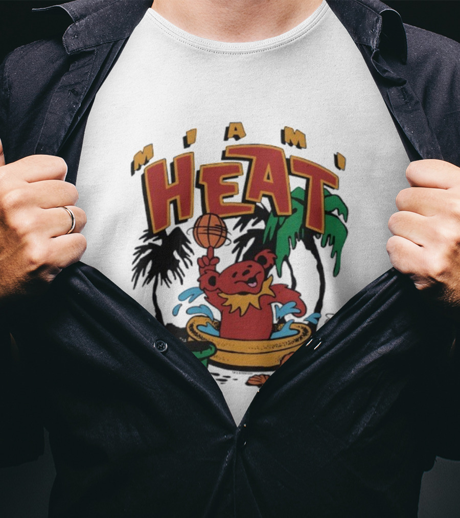 Grateful Dead Bear Miami Heat Basketball Palm Trees Beach Theme T-Shirt