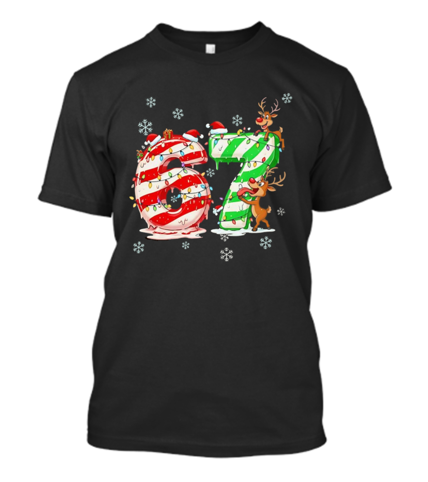 67 Christmas Reindeer Candy Cane Lights Snowflakes T-Shirt