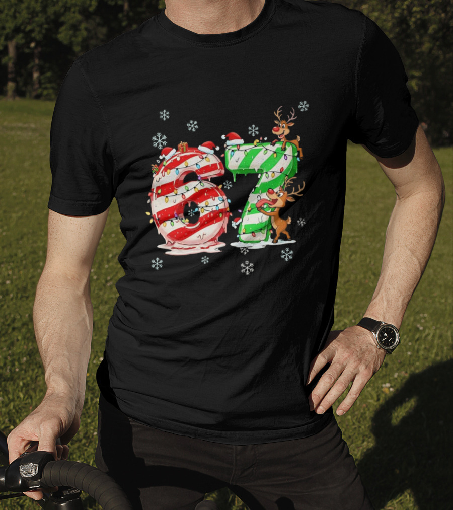 67 Christmas Reindeer Candy Cane Lights Snowflakes T-Shirt