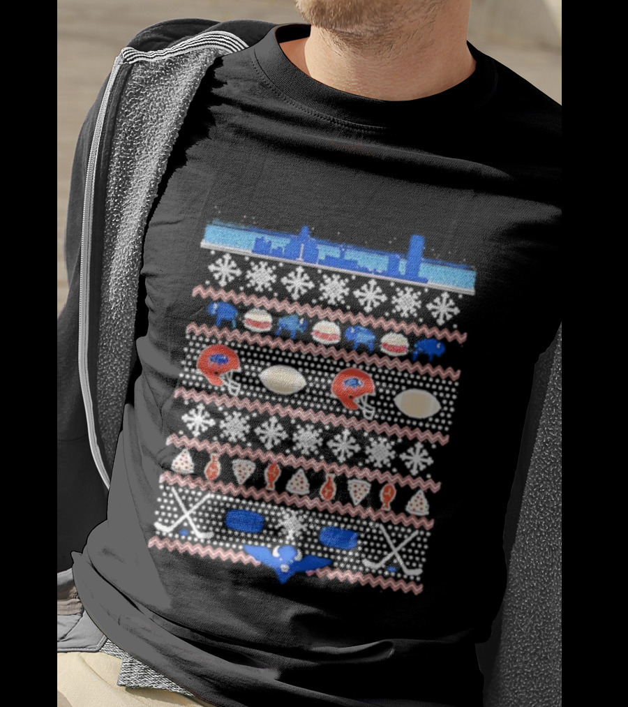 Buffalo Bills Football Skyline Ugly Christmas Sweater With Helmets And Snowflakes T-Shirt