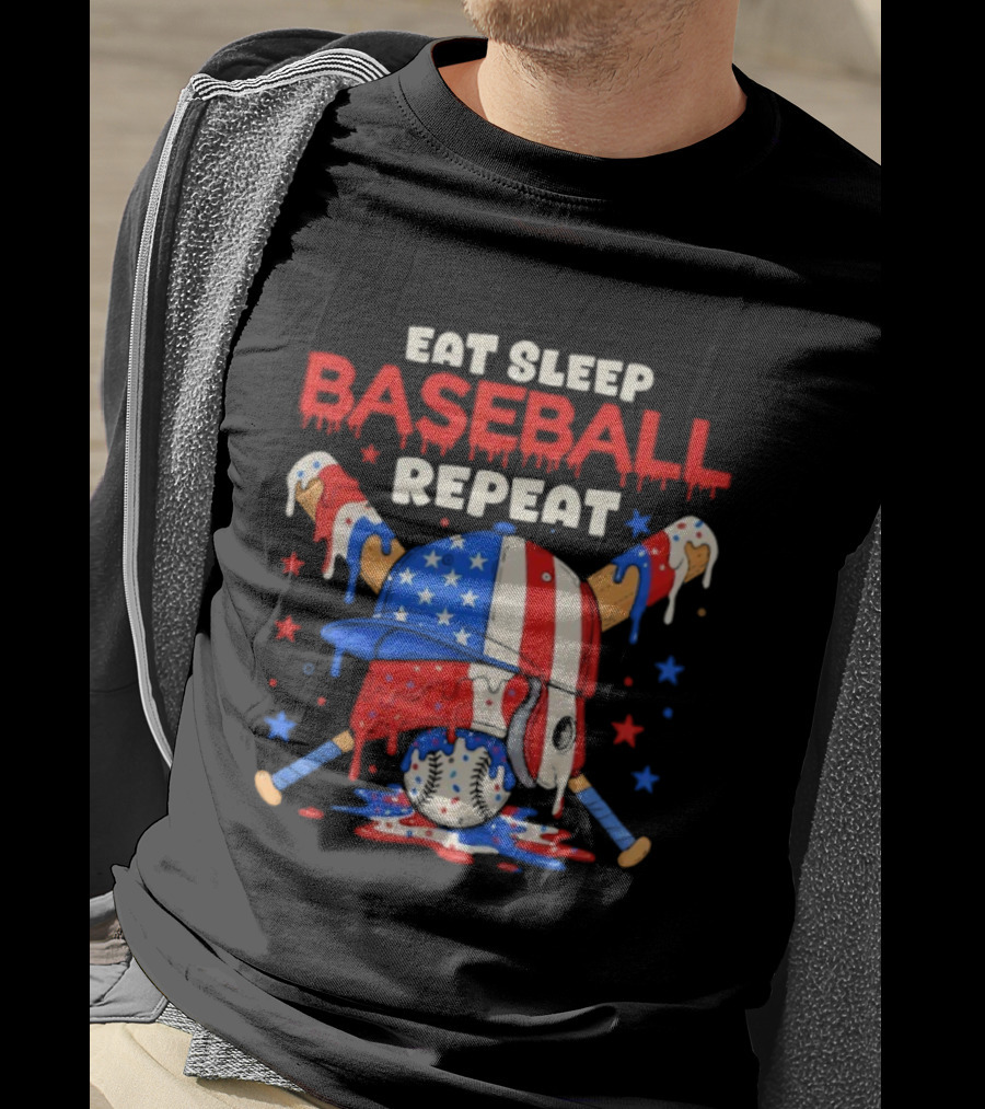 Eat Sleep Baseball Repeat Funny Ice Cream Drip Patriotic Crossed Bats T-Shirt