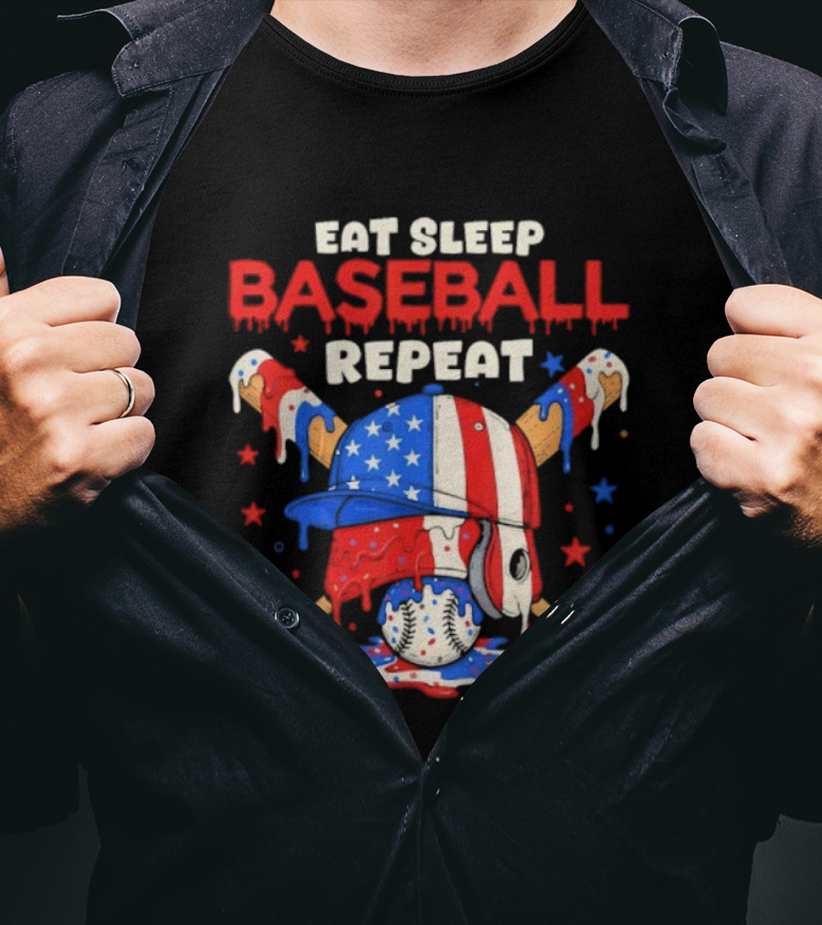 Eat Sleep Baseball Repeat Funny Ice Cream Drip Patriotic Crossed Bats T-Shirt