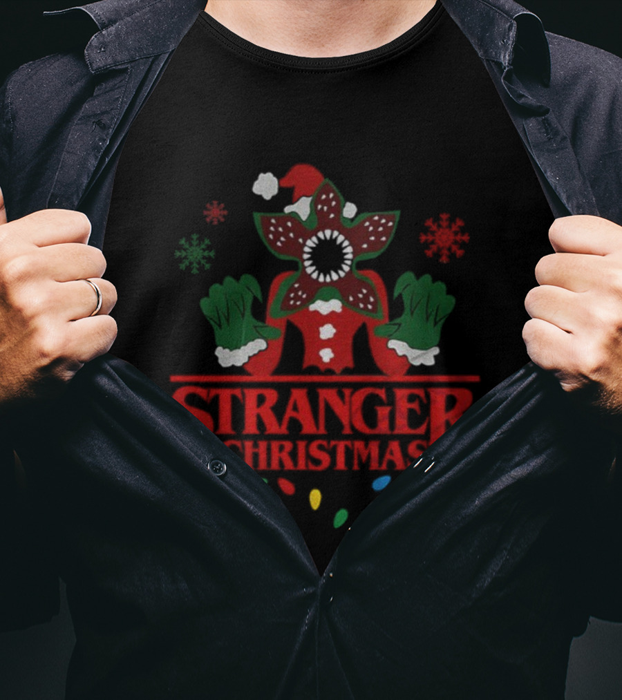 Stranger Christmas Grinch Demogorgon Santa Claus Crossover Holiday Theme T-Shirt