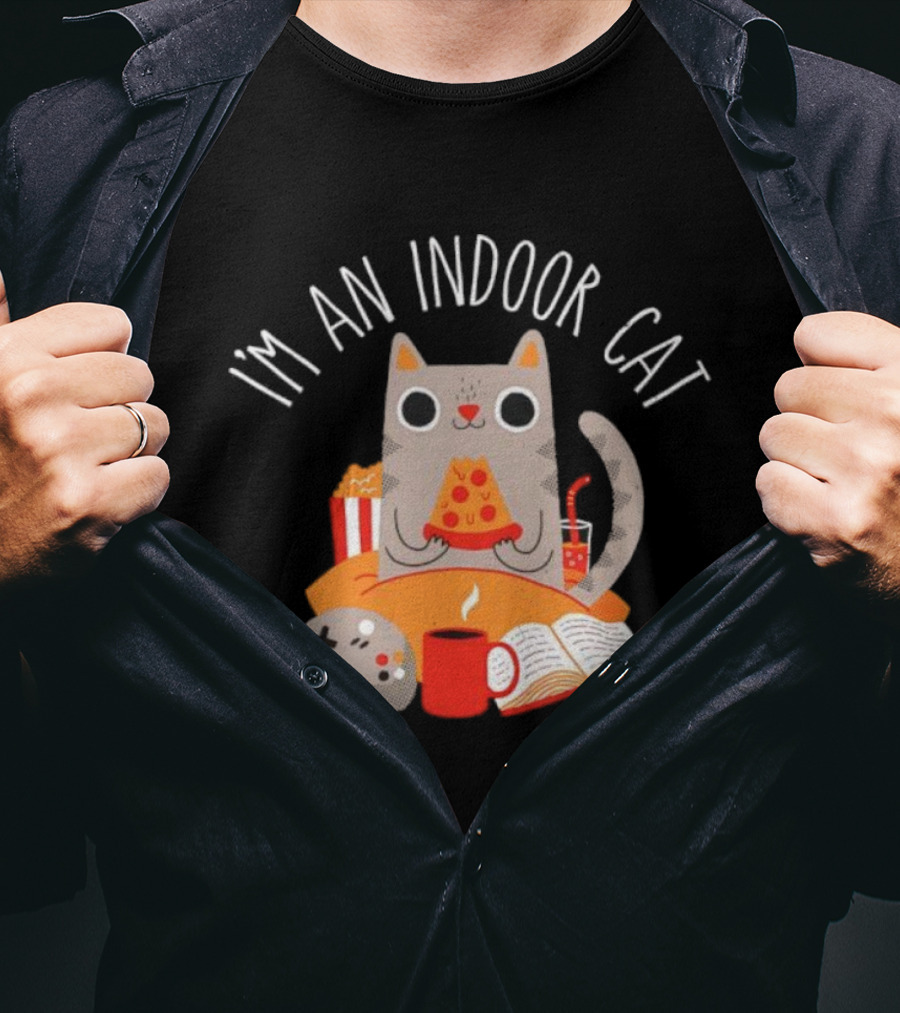 I'm An Indoor Cat Cartoon Cozy Vibes With Pizza, Popcorn, And Video Game Controller T-Shirt