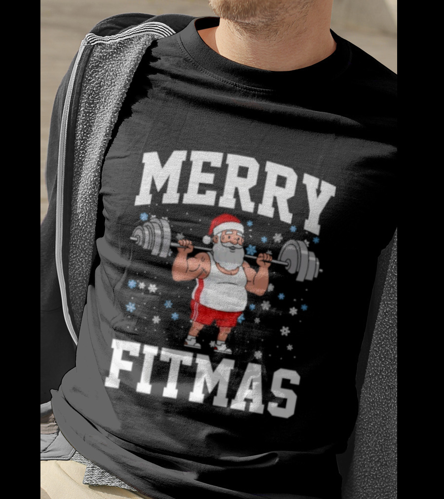 Merry Fitmas Santa Claus Lifting Weights Holiday Humor T-Shirt
