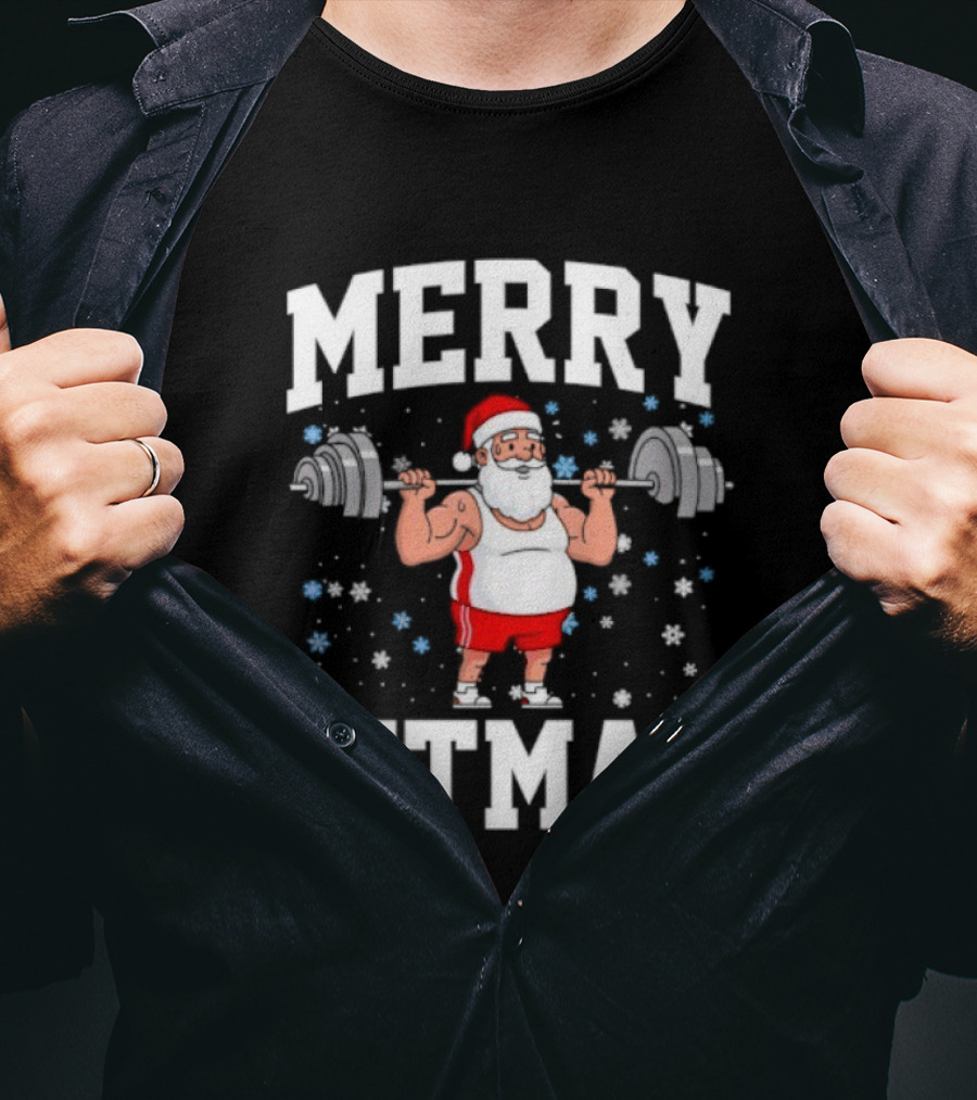 Merry Fitmas Santa Claus Lifting Weights Holiday Humor T-Shirt