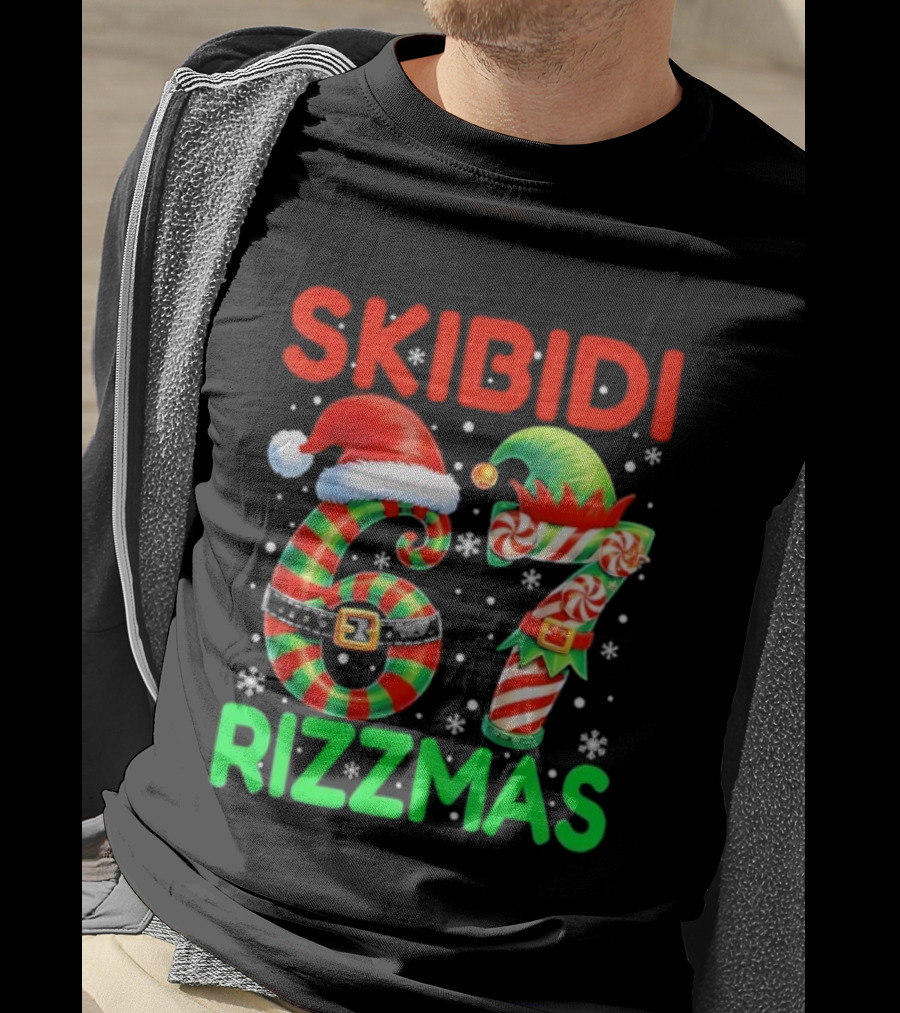 Skibidi 67 Rizzmas Funny Christmas Elf Candy Cane Holiday Meme T-Shirt
