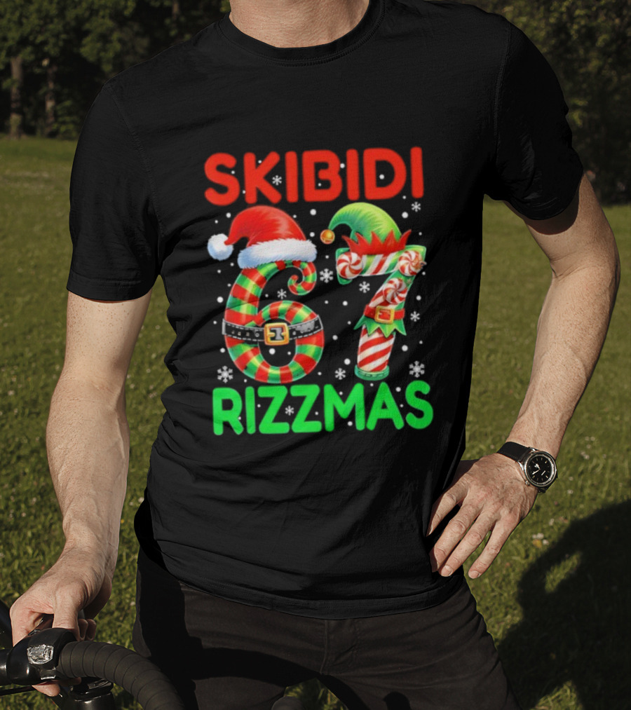 Skibidi 67 Rizzmas Funny Christmas Elf Candy Cane Holiday Meme T-Shirt